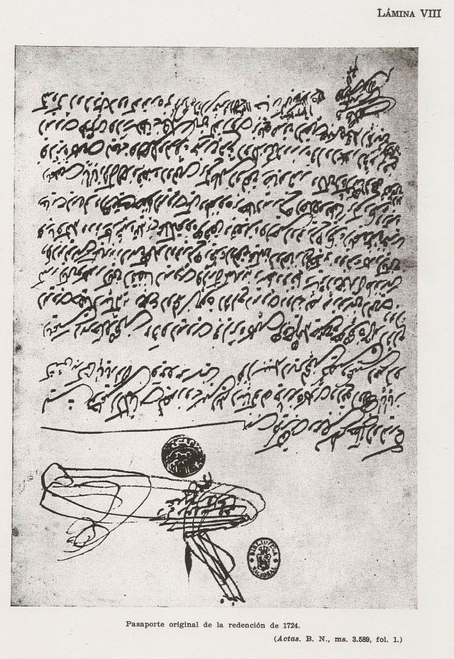 Pasaporte de la redención de 1724. (Actas. B.N. ms. 3589. fol. 1)