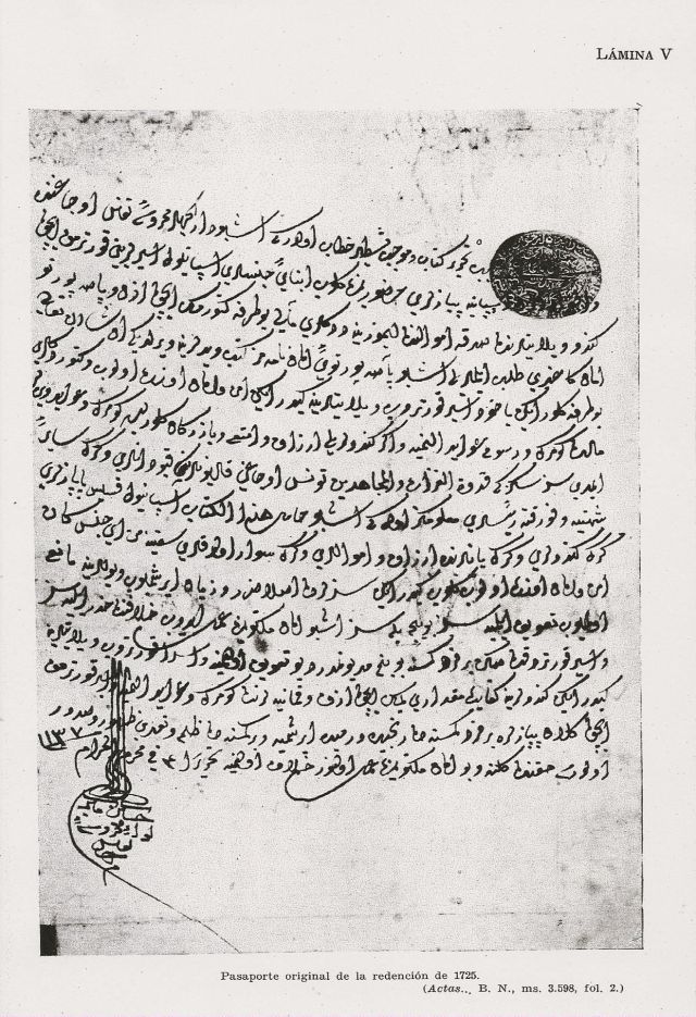 Pasaporte original de la redención de 1725 (actas..B.N, ms.3598, fol.2) (2)