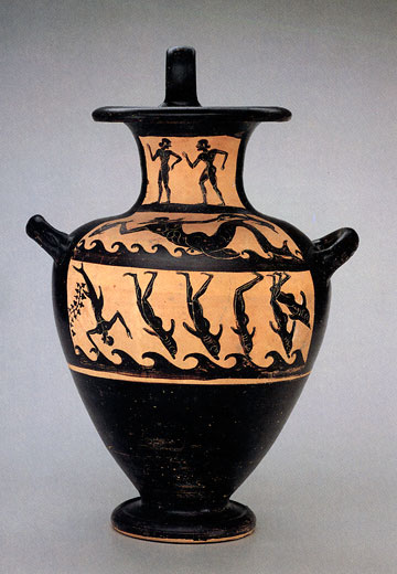 vasija griega representando las transformacion en delfines