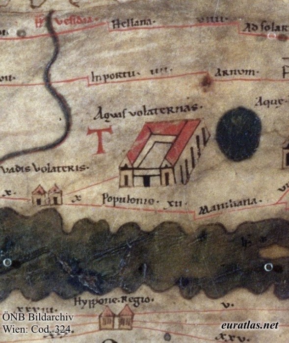 La antigua ciudad aparece en un magnífico mapa medieval conservado en la Biblioteca Nacional de Austria (abajo en el centro, denominada Hippo Regius). Tabula Peutingeriana, 1265.