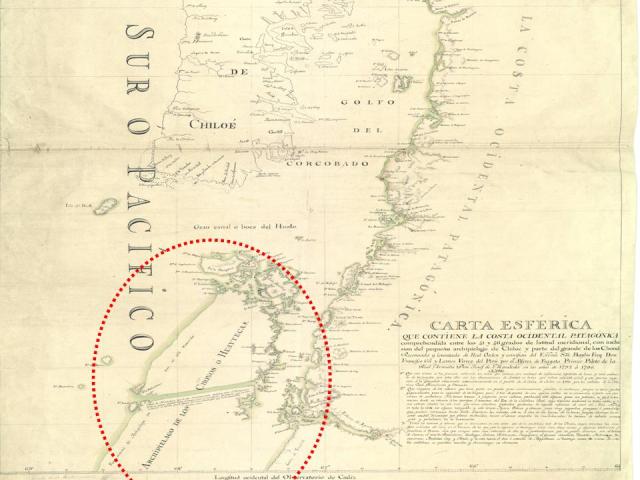 Carta esférica, levantada por Moraleda, en la que se puede ver el Archipiélgo de los Chonos