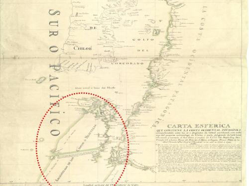 Carta esférica, levantada por Moraleda, en la que se puede ver el Archipiélgo de los Chonos
