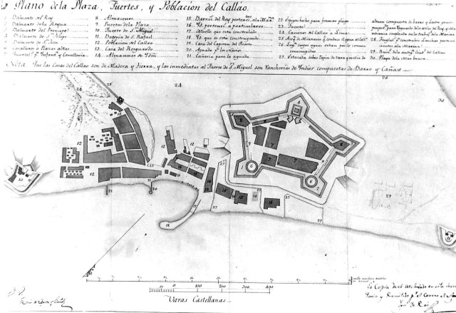 Plano y perfil del Callao que muestra como lucía probablemente antes del terremoto y tsunami de octubre de 1746, levantado a partir de la descripción del Francés Frezier de 1732. (AHM)