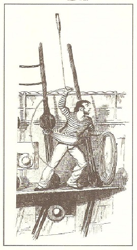 En la figura se ve un marinero voleando el escandallo para sondar mientras el buque sigue navegando. El marinero está sobre la mesa de guarnición de estribor del palo trinquete. En la mano izquierda sostiene las adujas de la sondaleza que largará cuando lance el escandallo.