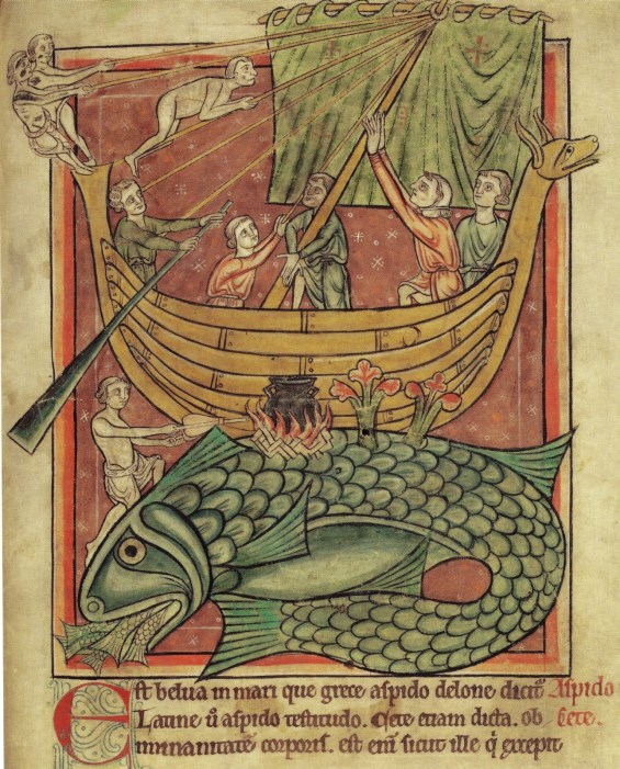Sea Monsters (C van Duzer) 009 A ship landing on a whale mistaken for an island in an early thirteeth century bestiary. London, British Library, Harley MS 4751, f. 69r, c. 1230-40.jpg