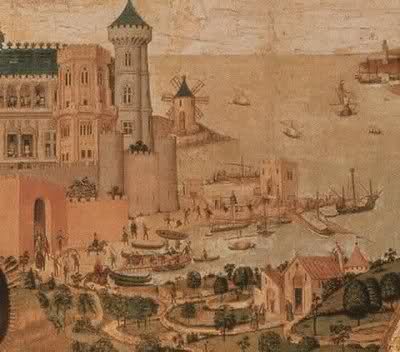 Puerto de Palma de Mallorca, s. xv. Retablo de S. Jorje de Pere Nisart. Museo Diocesano de Palma de Mallorca. Además de varias naos y embarcaciones menores, se distinguen varias galeras en el cuadro. Especialmente interesante es la galera que aparece a la derecha, ormejada o amarrada en cuatro, con la tienda armada