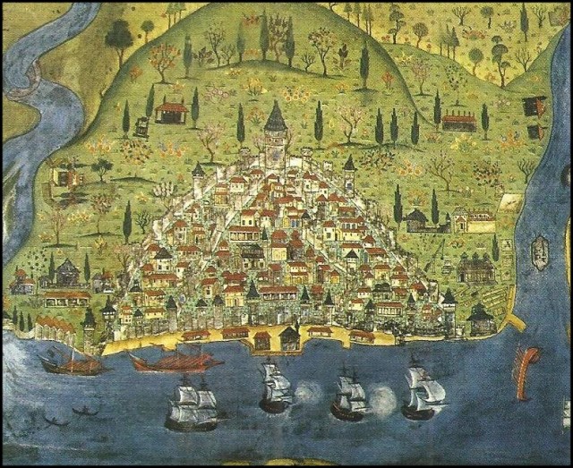 Mapa medieval de la ciudad de Constantinopla, capital de Bizancio, hacia 1300