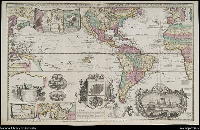 Carta profusamente ilustrada, de finales del siglo XVIII, representando el Pacífico en primer plano