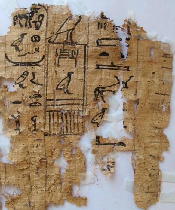 This undated photo released by Egypt's Supreme Council of Antiquities Thursday, April 11, 2013, shows hieroglyphic papyrus discovered at Wadi el-Jarf, nearly 180 km (111 miles) south the coastal city of Suez, Egypt. Egypts state of antiquities affairs minister has declared the discovery of a historic coastal port dating back to King Khufu of the fourth dynasty of the old pharaonic kingdom. The Franco-Egyptian team working in the Suez archaeological area also discovered hieroglyphic papyri and stone anchors. Most of the discovered papyri date back to the 27th year of the reign of King Khufu. The papyri included information about number of the port workers and details about their daily lives. They were transferred to the Suez museum for study and registration. (AP Photo/Egypt's Supreme Council Of Antiquities)