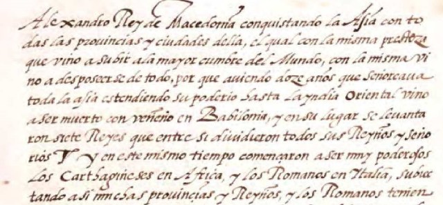 Una parte del prólogo donde cita a Alejandro Magno