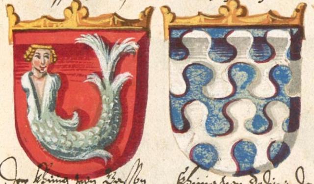 Escudois heráldicos d elos reinos dle Preste Juan, según el Armorial de Conrad Grunenberg