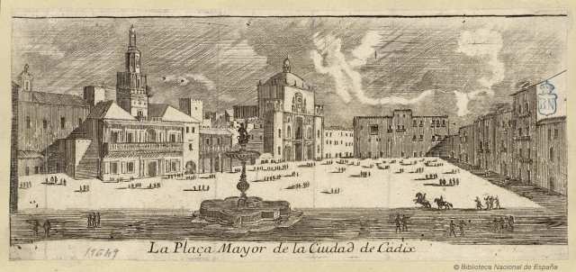 Dibujo de la gran plaza de Cádiz al inicio del siglo XVIII. Fuente.
